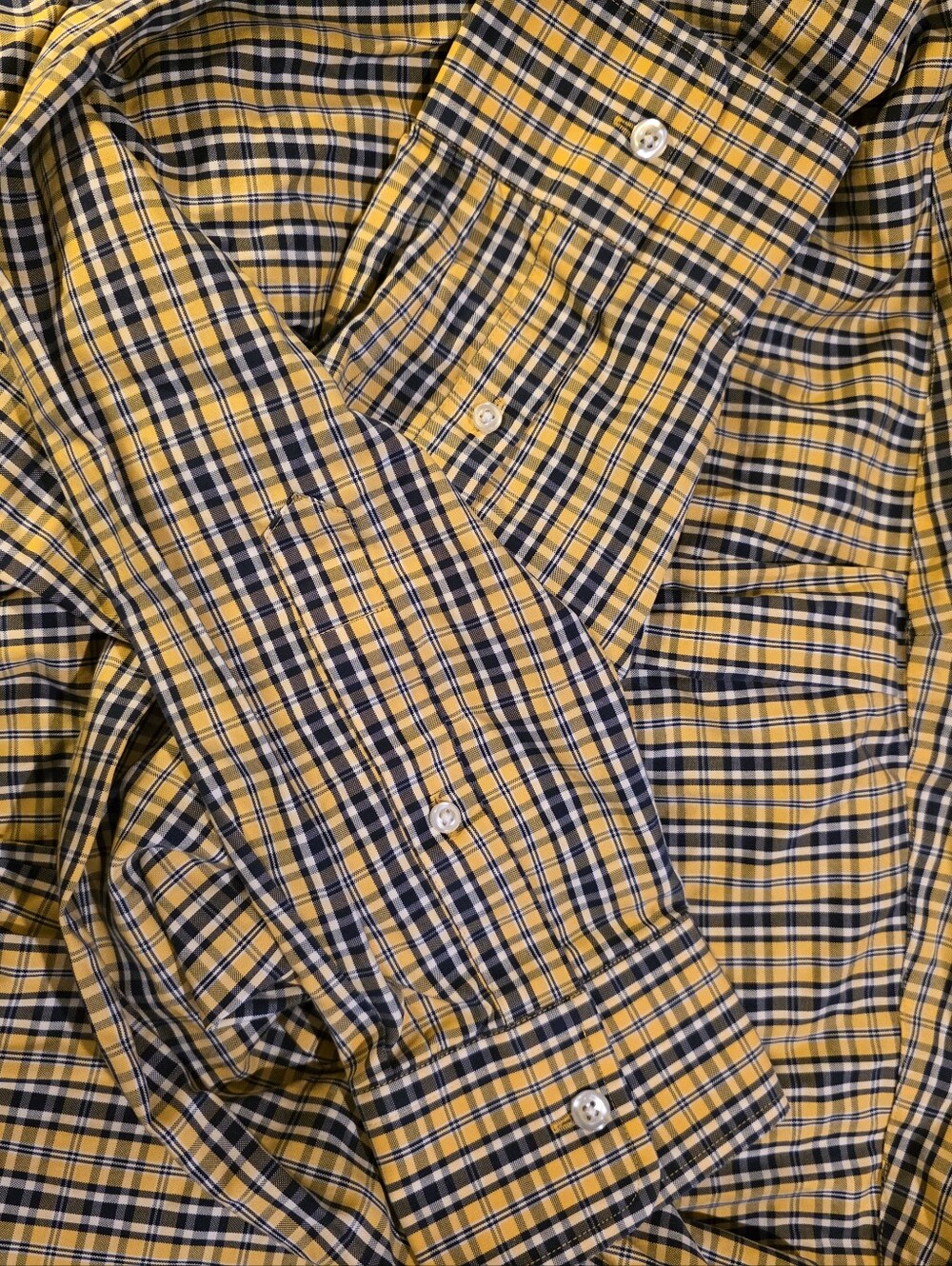 Lands' End Yellow and Navy Plaid Button-Down Shirt Long Sleeve 16.5" Neck - Picture 4 of 5